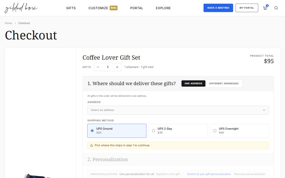 The shared quantity pool sandbox of the checkout page: the gift with its quantity pool, the delivery step, and the three shipping methods.